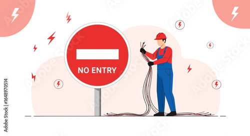 Electrician Working Near A No Entry Sign Demonstrating Electrical Hazard Zone