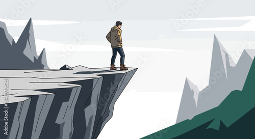 Facing Challenges A Person On Cliff Edge Stares Into Mountainous Distance