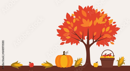 Fall Harvest Scene With Colorful Foliage And Bounty Of Crops Vector Art