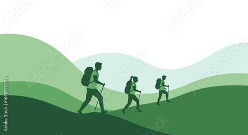 Family Adventure: Green Hues of Tranquility on Hiking Trails Illustration