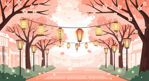 Elegant Cherry Blossom Festival Lights Illuminating A Picturesque Serene Path