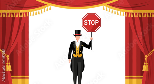 Elegant Conductor Holds Stop Sign On Stage With Dramatic Red Curtains