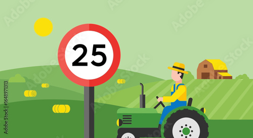 Farmer Drives Tractor Near Speed Limit Sign During Harvest Season Landscape