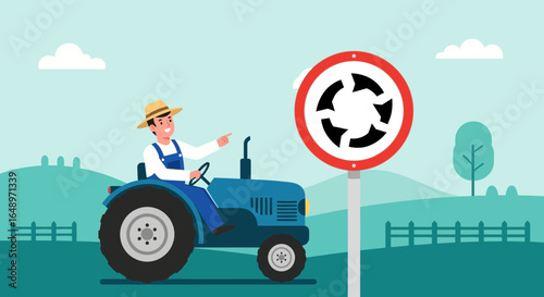 Farmer Driving Tractor Near Roundabout Sign On Agricultural Landscape
