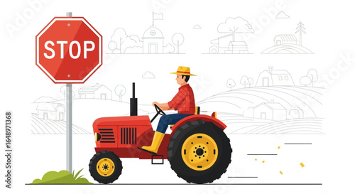 Farmer Driving Tractor Near Stop Sign on a Rural Landscape Drawing