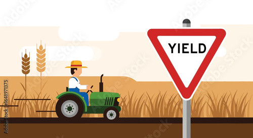 Farmer Driving Tractor Near Yield Sign On Agriculture Land Illustration