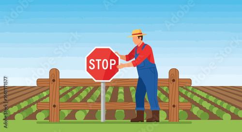 Farmer Planting Stop Sign In Field Agricultural Boundary Illustration