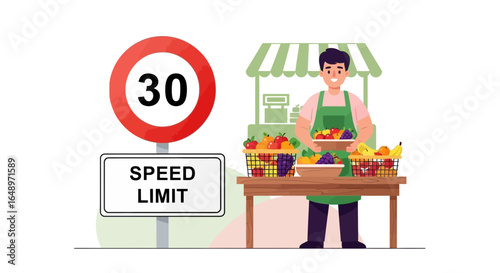 Farmer Selling Fresh Fruits Beside a Speed Limit Sign On Countryside Road