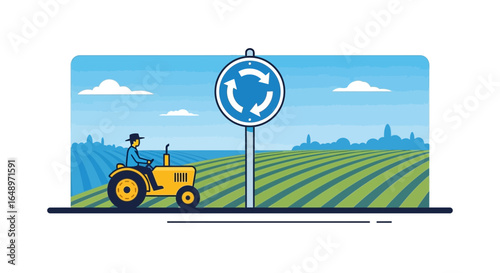 Farmer Riding Tractor Near Roundabout On Agricultural Land Illustration