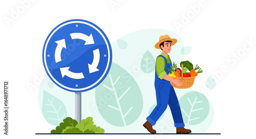 Farmer With Fresh Produce Walking Near Roundabout Road Sign Illustration