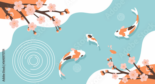 Elegant Koi Fish Pond With Cherry Blossoms In Springtime Illustration