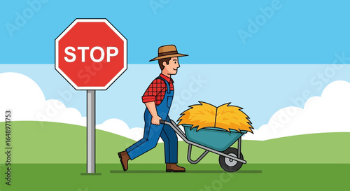 Farmer Working With Wheelbarrow Near Stop Sign In Rural Landscape