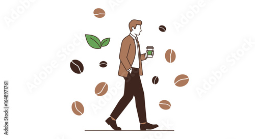 Elegant man walks holding a coffee surrounded by coffee beans and leaves illustration