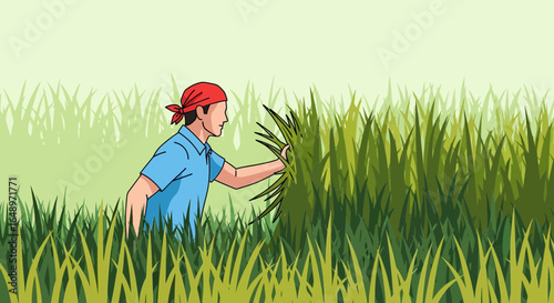 Farmer's Hard Work Manually Harvesting Grass in Rural Farming Fields