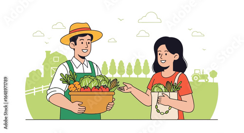 Farmers market illustration with a local farmer selling organic vegetables to a customer, fresh from the farm, offering a healthy and sustainable lifestyle