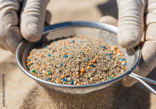 Gloved hands sifting beach sand with colorful microplastic waste, a concept of International Coastal Cleanup and marine pollution awareness