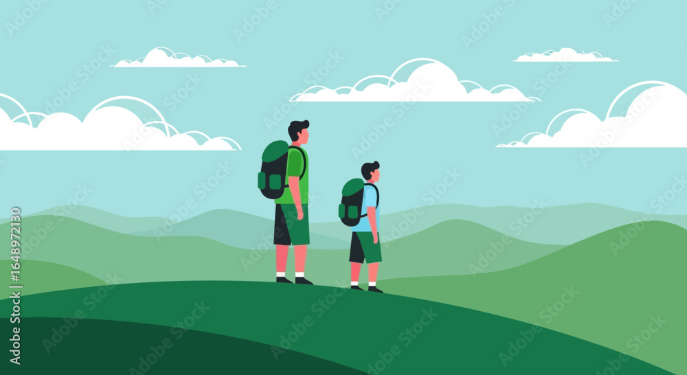 Obraz premium Father And Son Hiking On Scenic Mountain Trail During Summer Vacation