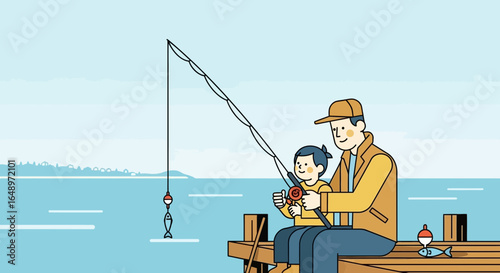 Father and son fishing together on a pier creating a cherished family moment with a cute flat design aesthetic
