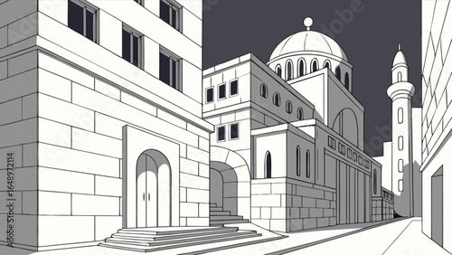 Architectural line drawing of city buildings with dome and tower for architecture students and designers