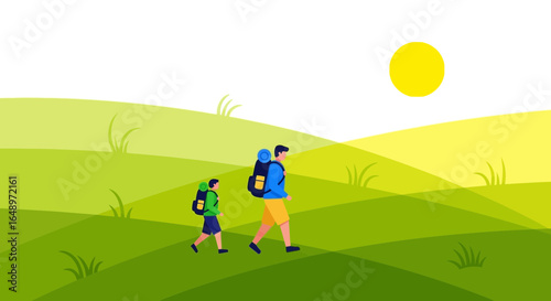 Father And Son Hiking On Sunny Green Hills Adventure Together Nature