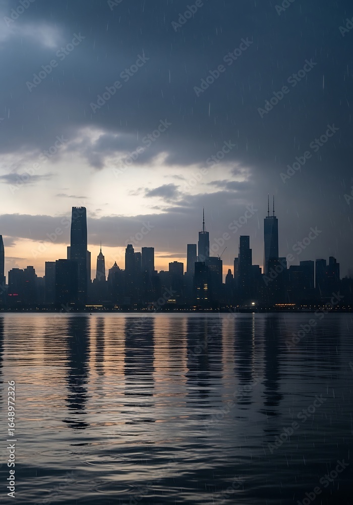 Fototapeta premium Rainy Sunset over a City Skyline Reflected in Water