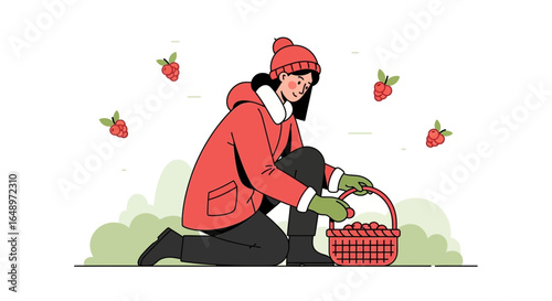 Female Berry Picker Gathering Autumn Harvest in an Orchard Illustration