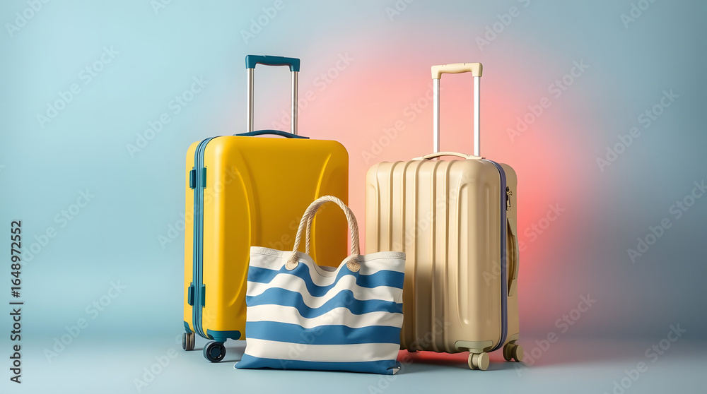 Fototapeta premium beach bag side of two yellow suitcases isolated on blue background