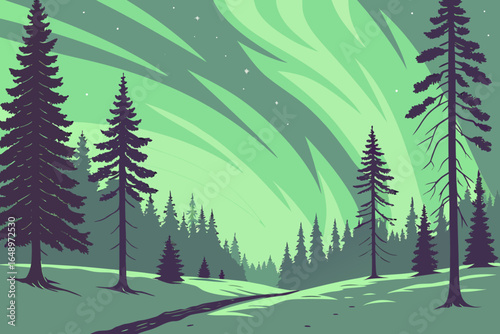 Aurora borealis over Finnish Lapland, snow-covered forest below