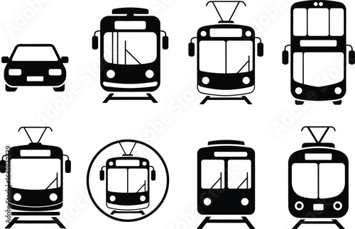 Transportation Vehicle Collection with Car, Tram, Trolley Icons on Transparent