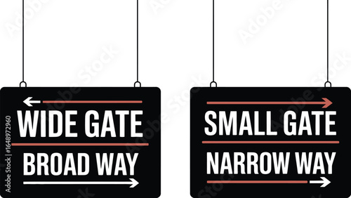 Wide Gate Broad Way and Small Gate Narrow Way Direction Signs, Arrows, Hanging