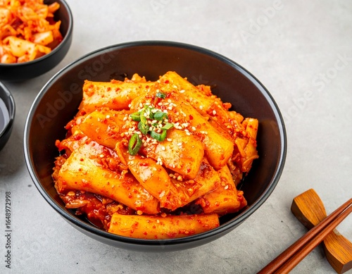 Spicy Korean tteobokki in black bowl