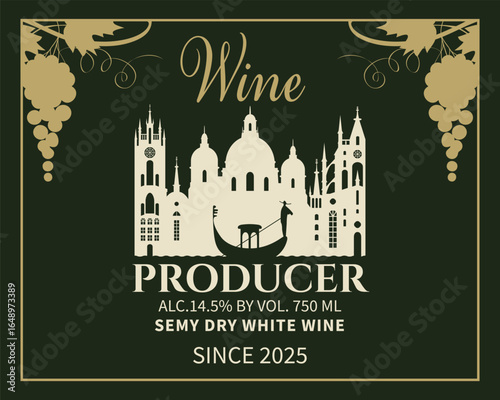 Wine label with cityscape of Venice, Italy. Silhouette of  town architecture and gondola on the river. Logo, menu for restaurant, cafe, packaging. Chocolate. Tourist postcard. Language school.