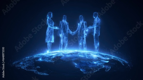 Global virtual team collaborating in floating digital space with holographic board, particle data flow and personalized avatars, connected by neon blue light network across continent outlines 