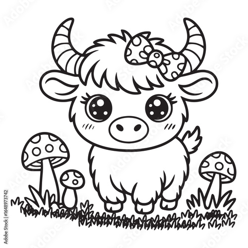 Cute Baby Yak Cartoon Coloring Page – Adorable Highland Cow with Mushrooms – Kawaii Farm Animal Line Art for Kids