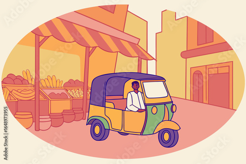 Brightly painted tuk-tuk speeding through colorful market street, energetic and lively scene