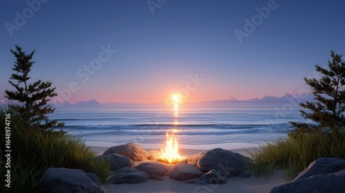 Peaceful sunset over a beach campfire with soft waves in the background.