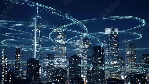 Futuristic Cityscape: Digital Data Flow in Urban Skyline at Night