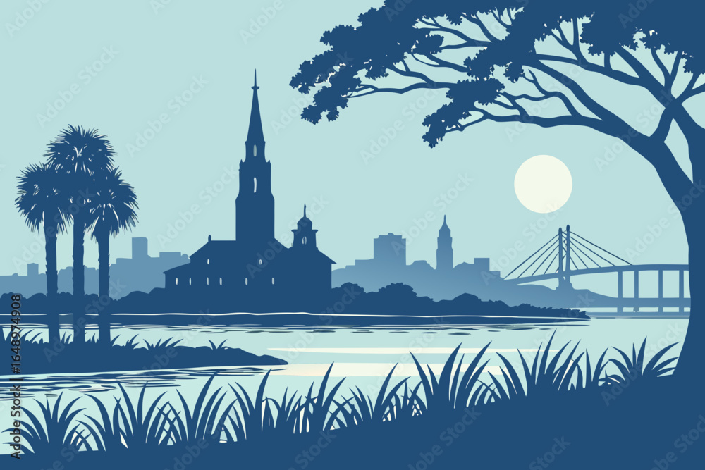 Obraz premium Charleston skyline at twilight with Charleston Harbor still and reflective, framed by marshes and evening sky gradients, modern flat illustration style.