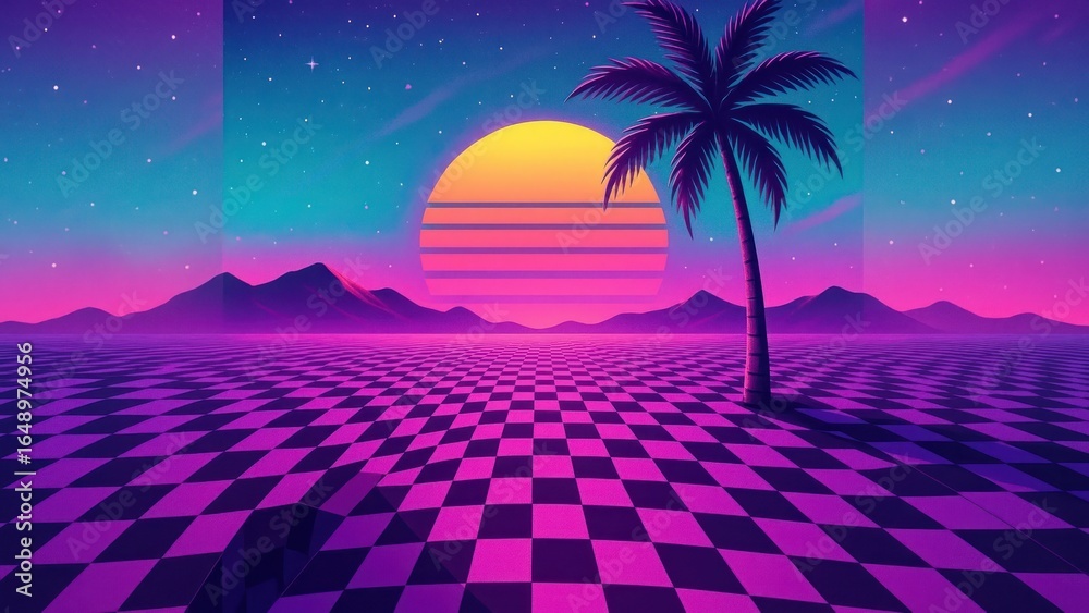 Naklejka premium Retro futuristic sunset landscape illustration.