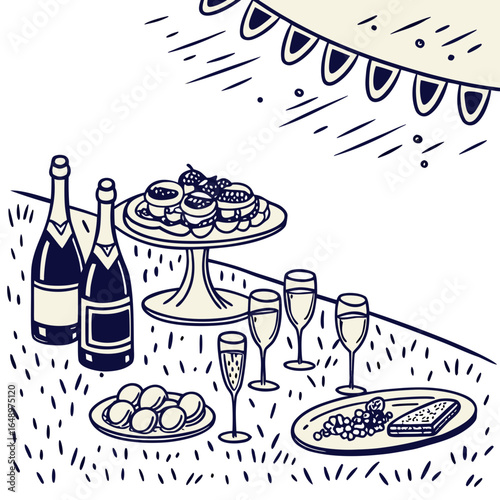 Celebration spread with champagne pastries and cheese board