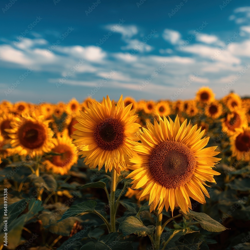 Fototapeta premium Sunflowers blooming in a vast field at sunset; idyllic summer landscape for a calendar