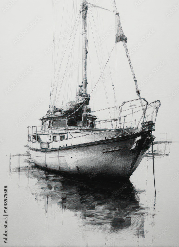 Naklejka premium A monochrome drawing depicts a weathered sailboat reflecting in still water, against a foggy sky