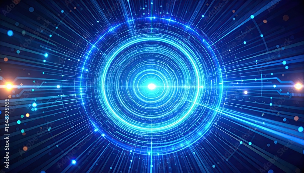 Obraz premium Abstract digital background featuring a vibrant blue light tunnel and radiating data streams.