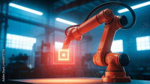 Wallpaper Mural A futuristic orange robotic arm with a glowing red sensor, shown in a dimly lit, high-tech industrial setting Torontodigital.ca