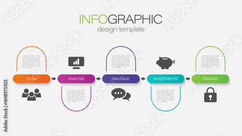 Infographic design template. Five steps process business marketing infographic with icons.