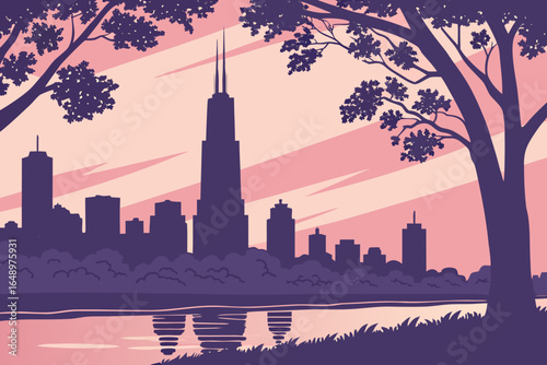 Chicago skyline at twilight with Lake Michigan still and reflective, framed by city parks and evening sky gradients, modern flat illustration style.