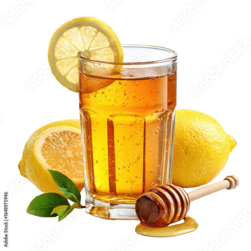 A glass containing a mixture of honey and lemon juice, highlighting a sweet and tangy drink, isolated on transparent background