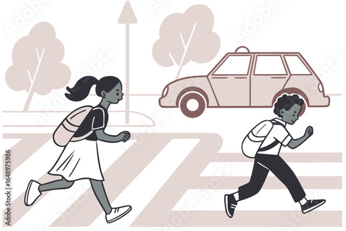 Children running across a busy street unsafely, modern flat illustration style
