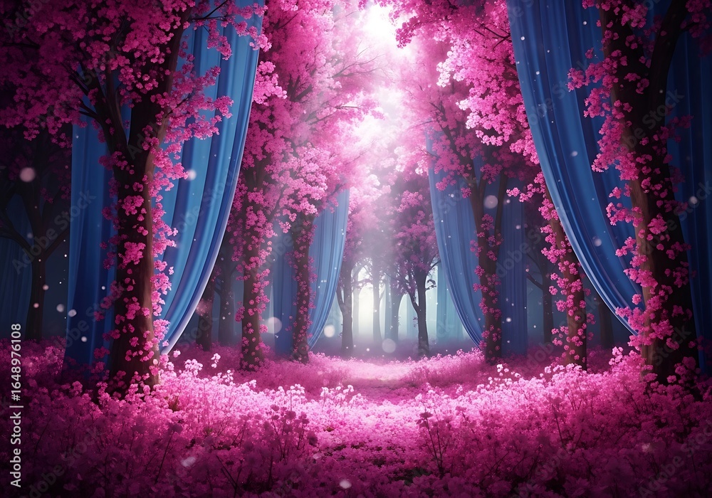 Fototapeta premium Enchanting Pink Cherry Blossom Forest with Blue Curtains