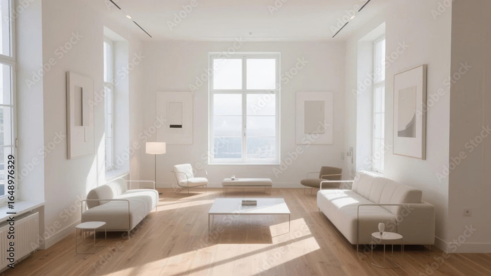 Fototapeta premium Modern minimalist living room with natural light and simple furniture